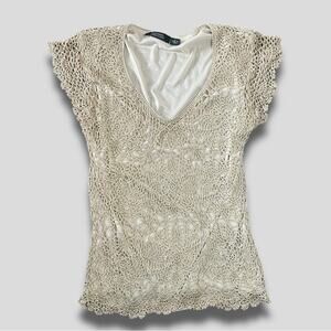 DRESS BARN VINTAGE Y2K CROCHETED BOHO WESTERN KNIT CAP SLEEVE TOP CREAM - L